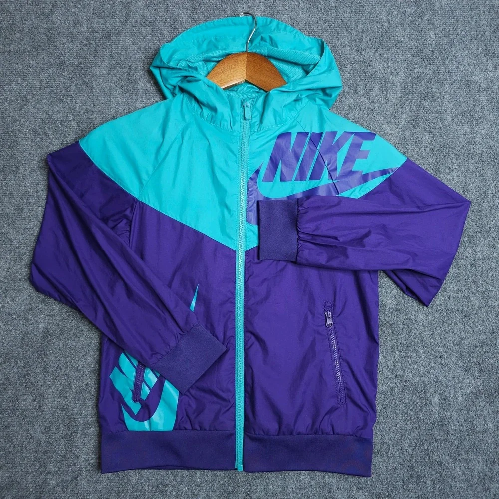 Nike Windrunner Jacket Youth Size Small Teal Purple Big Logo Hooded Windbreaker